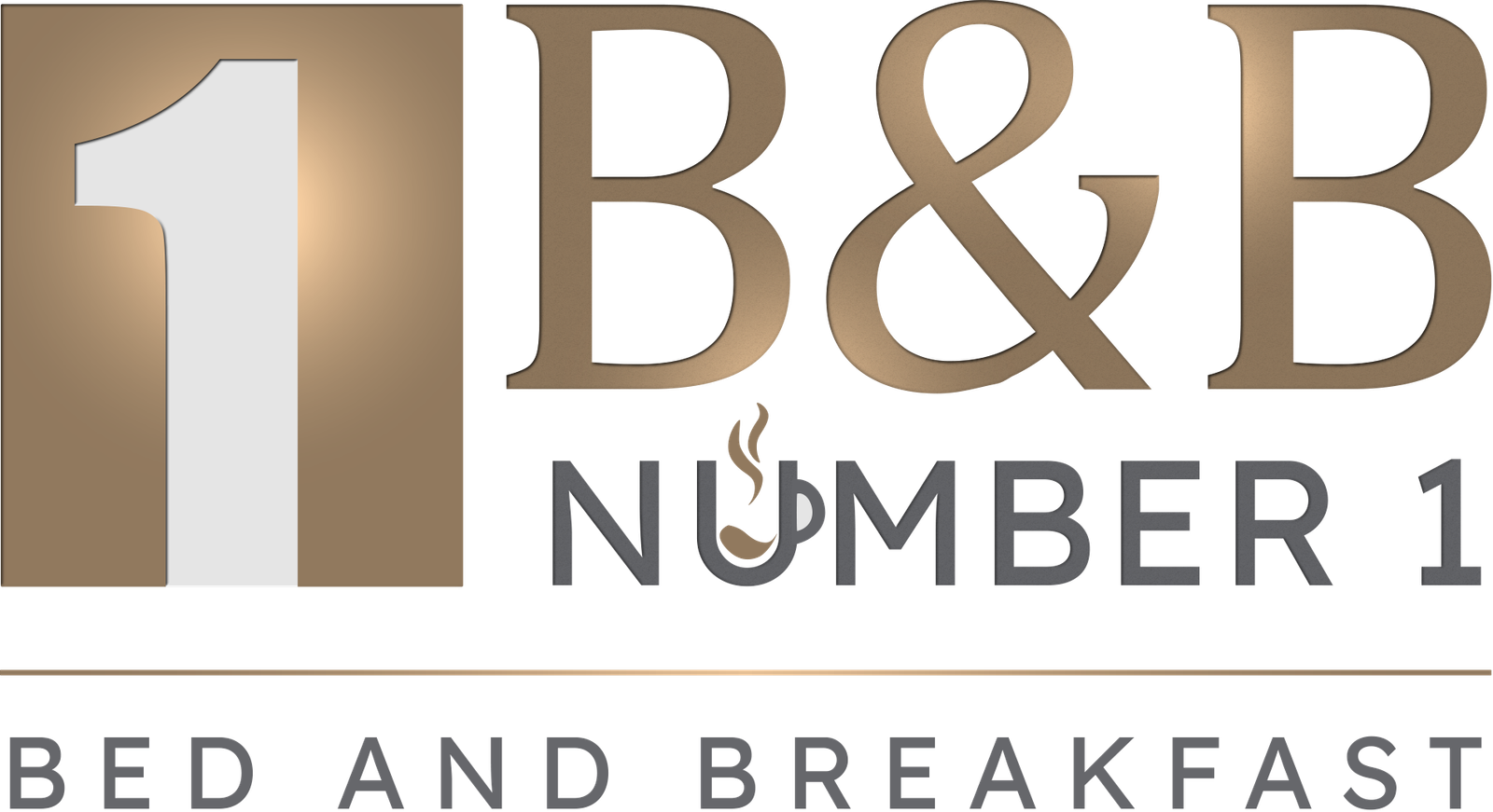 Modernes Logo von B&B Number 1 – ehemals Dorfpension Monika, Bad Loipersdorf – Bed and Breakfast in eleganter Gold- und Weißgestaltung.