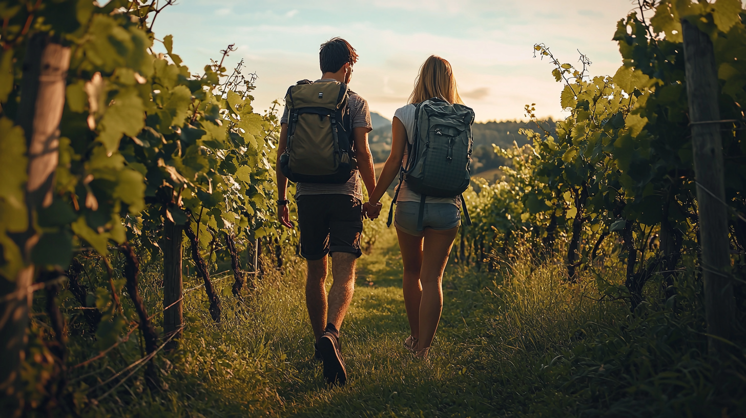 Pärchen mit Rucksäcken wandert durch Weinberge in Bad Loipersdorf