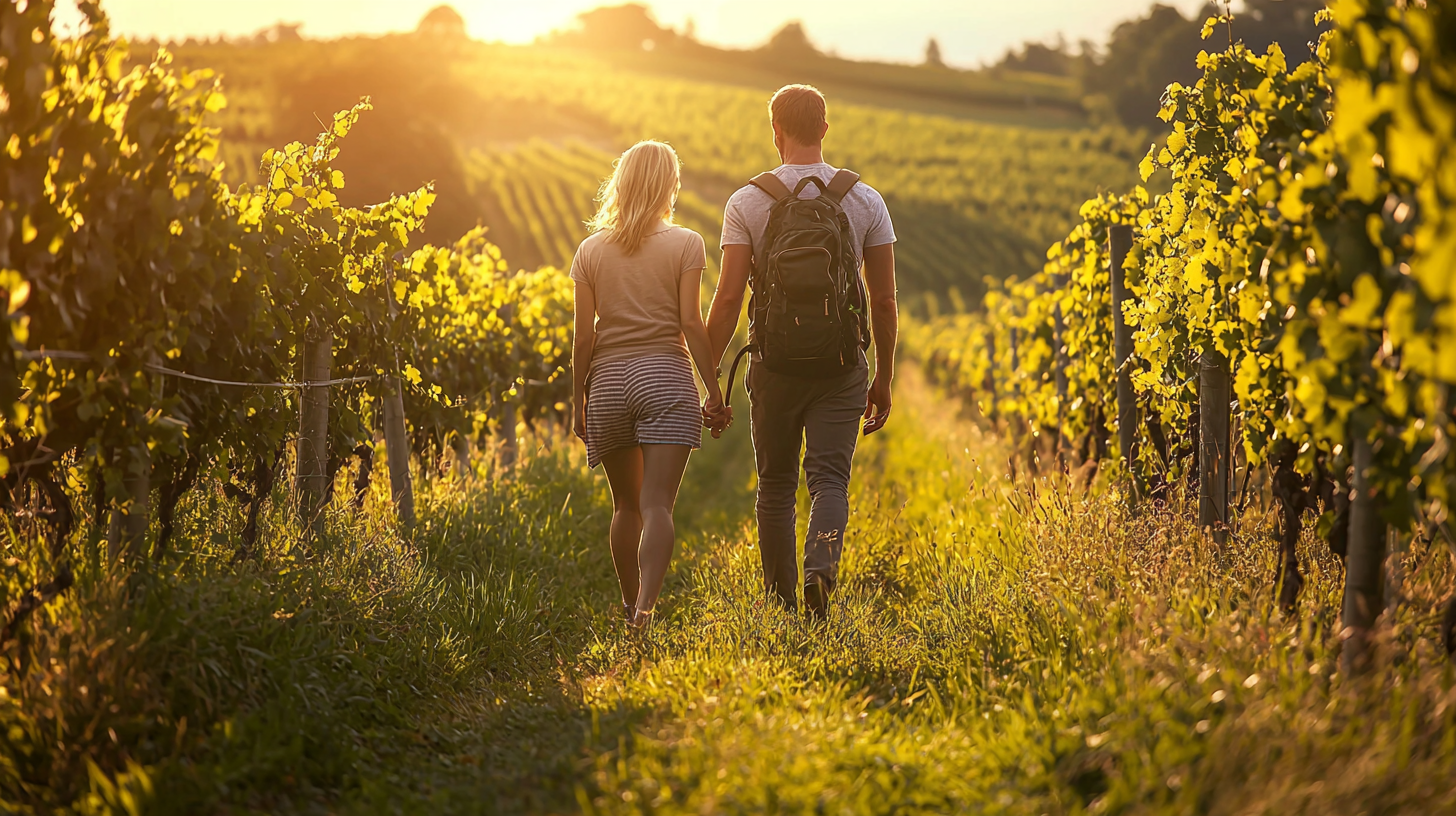 Pärchen wandert bei Sonnenuntergang durch Weingärten in Bad Loipersdorf Steiermark