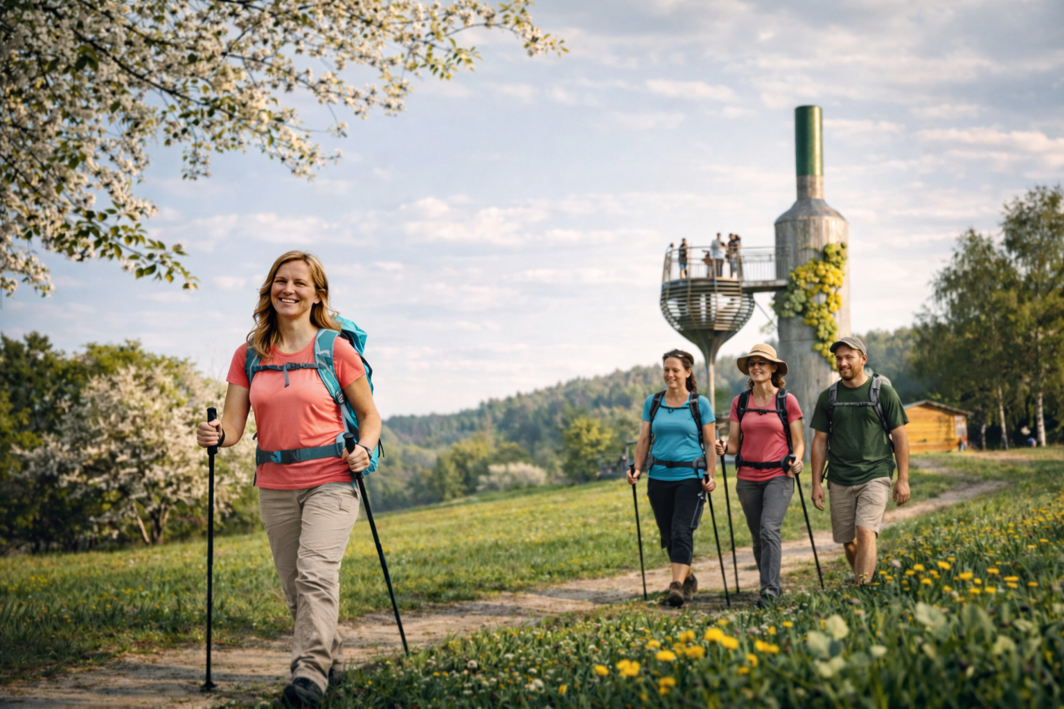 Gruppe wandert am Wein-Erlebnis-Weg Bad Loipersdorf – begehbare Weinflasche im Hintergrund