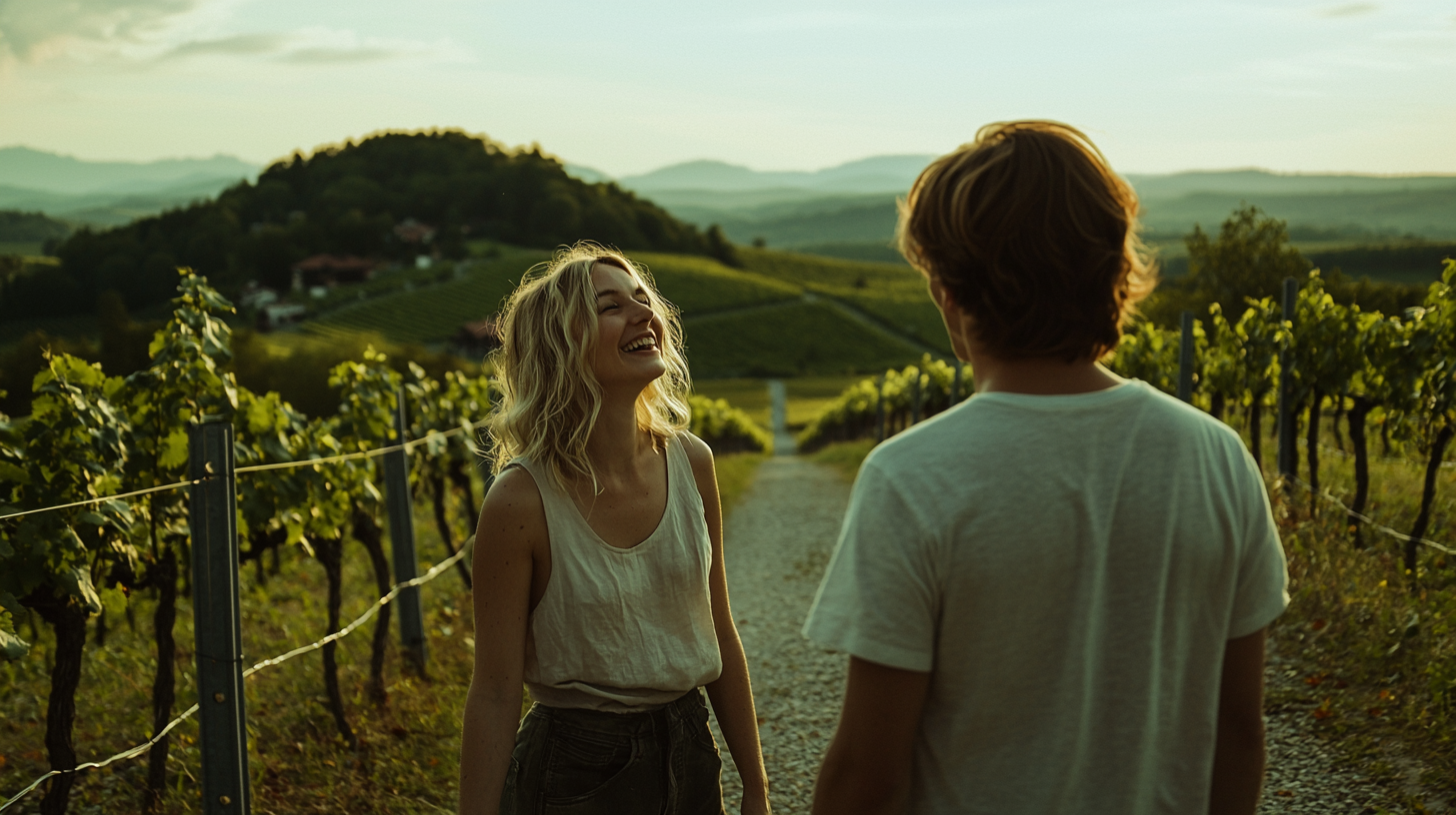 Glückliches Paar wandert bei goldener Abendstimmung in Bad Loipersdorf