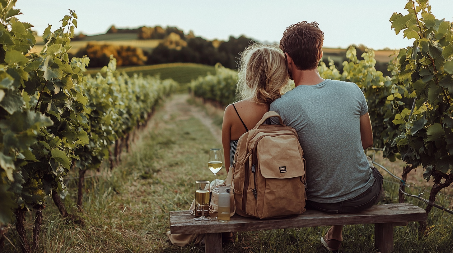 Paar rastet auf Bank mit Weinblick – Wein-Erlebnis-Weg Bad Loipersdorf