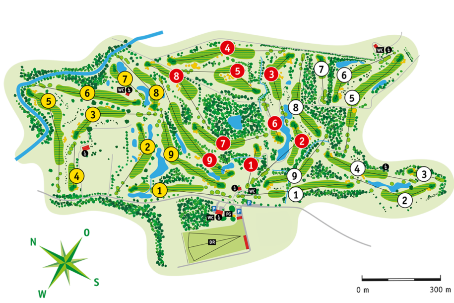 Platzübersicht Thermengolfplatz Loipersdorf – 18-Loch Übersichtskarte mit Abschlagsdetails